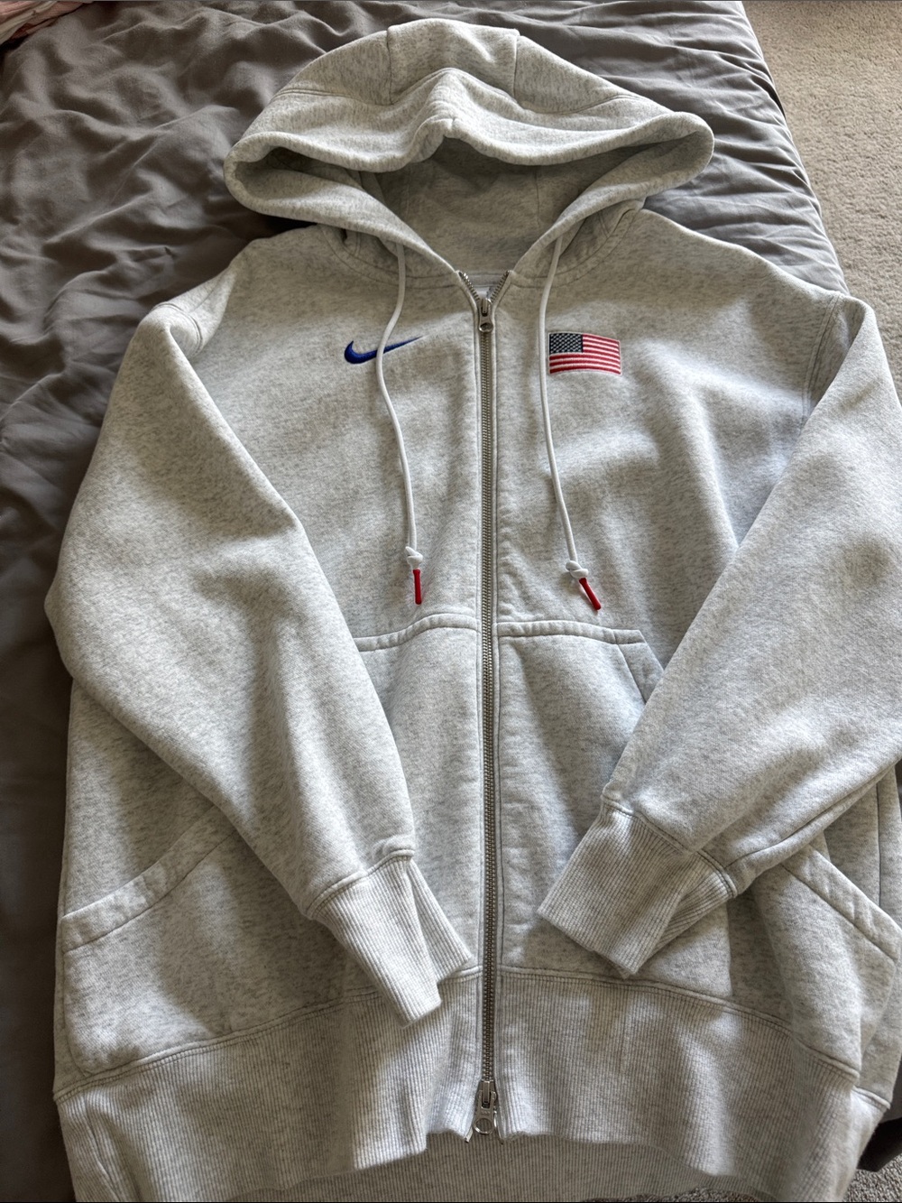 Nike Light Grey Zip Hoodie with Blue Swoosh and USA Flag